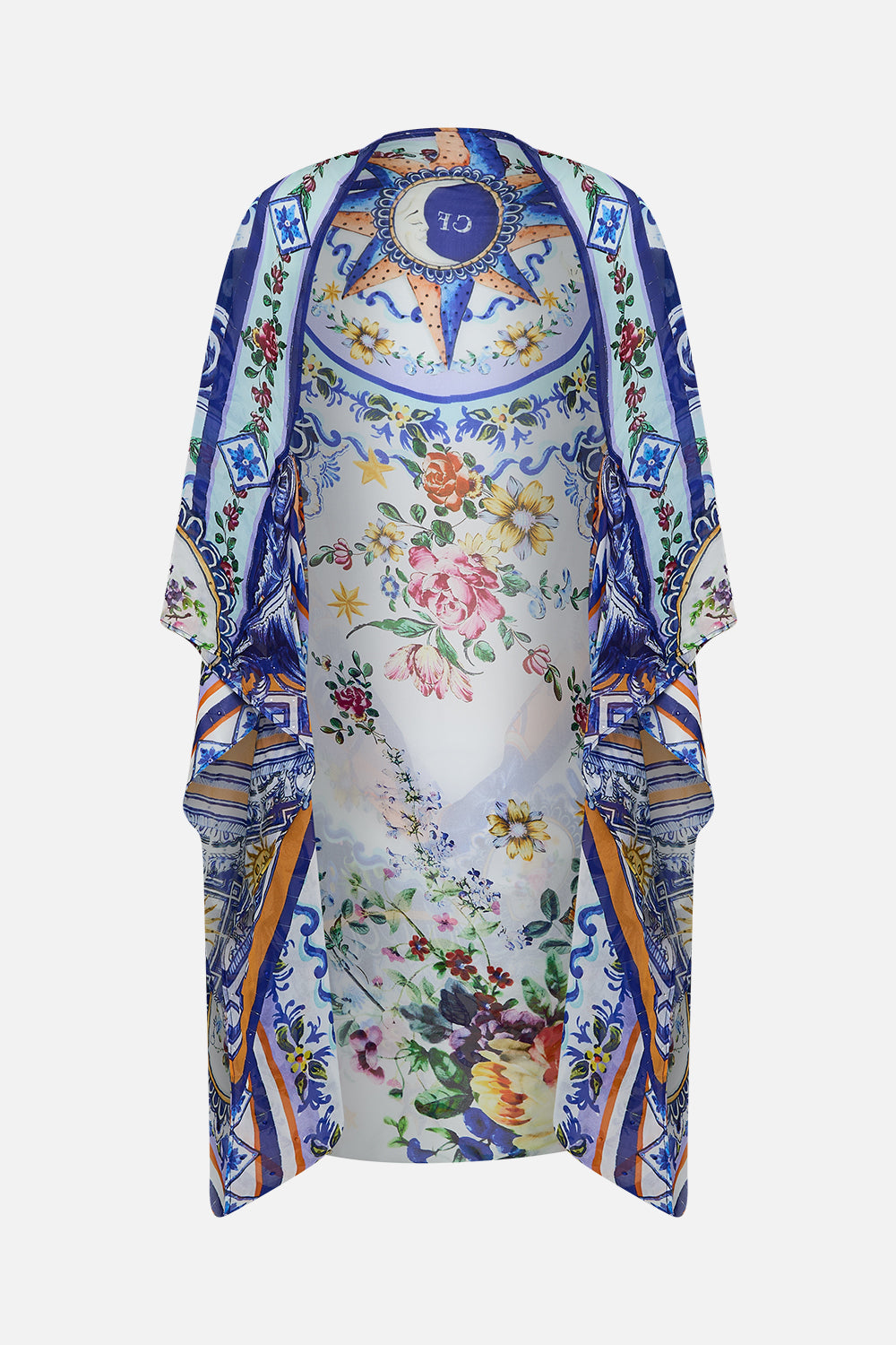 The CAMILLA Silk Chiffon Shrug in our Tiles Darls print.