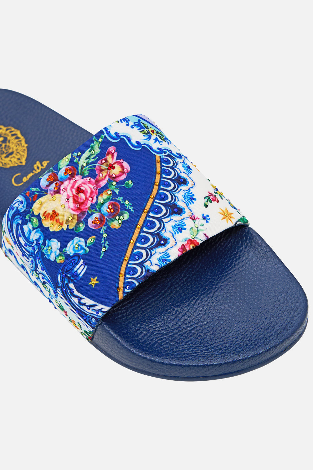 The CAMILLA Amelia Pool Slides in our Tiles Darls print.