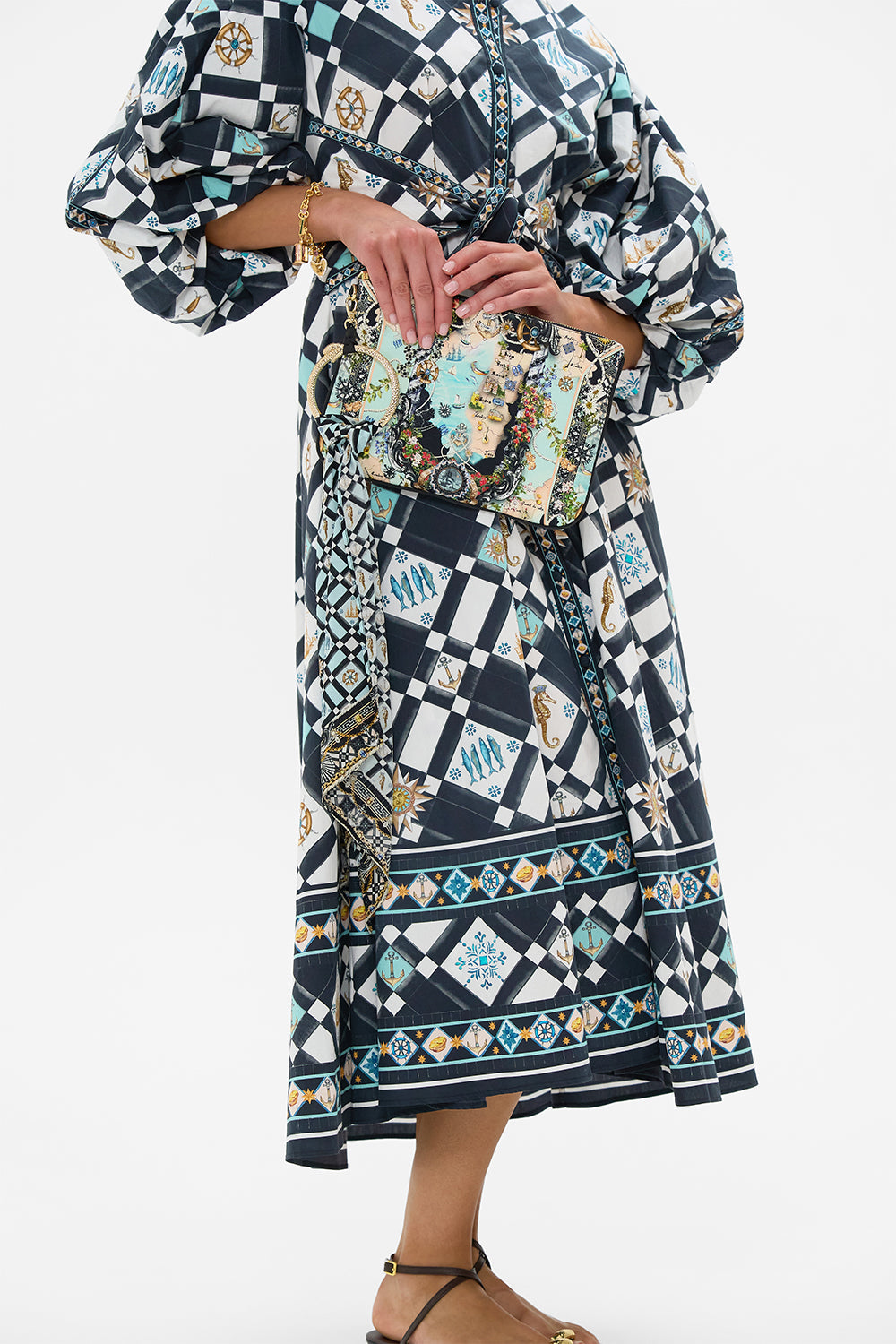 The CAMILLA Ring Scarf Clutch in our Folk Afloat print.