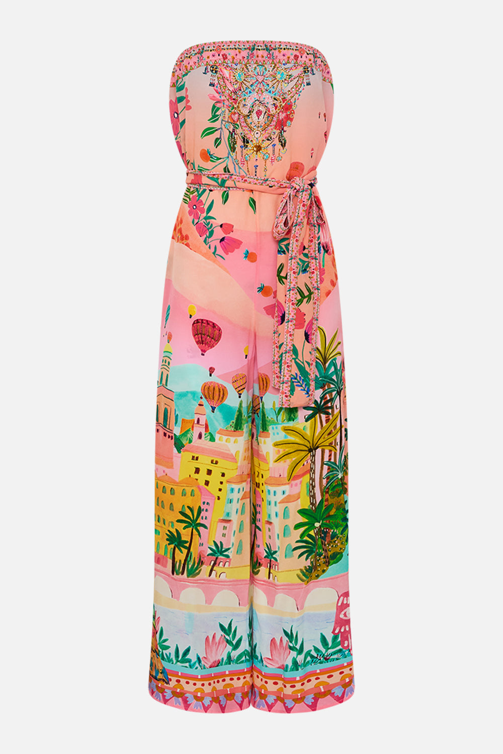 CAMILLA Tie Waist Strapless Jumpsuit in Sister Sunset print.
