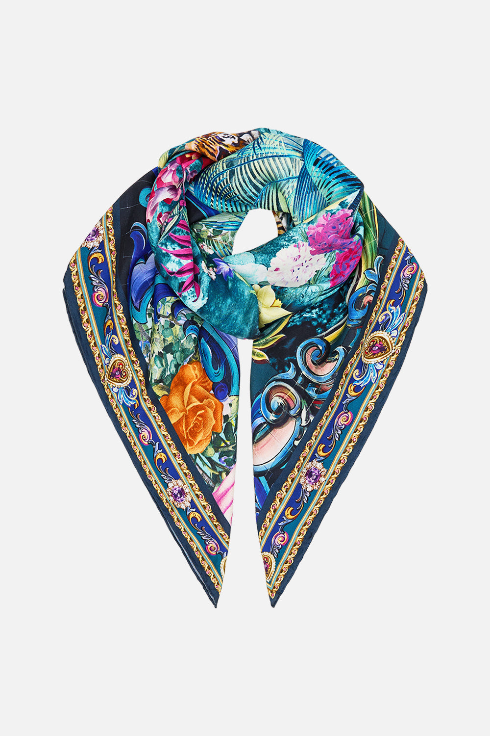 The CAMILLA Large Crystalled Silk Square Scarf in our Basked In Baroque print.