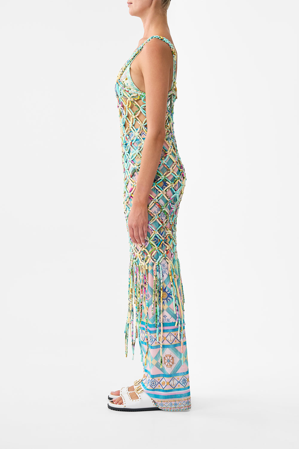 The CAMILLA Macrame Midi Dress in our Just Coasting print.