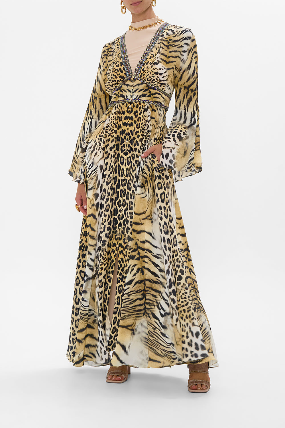 KIMONO SLEEVE DRESS WITH SHIRRING DETAIL JAGUAR