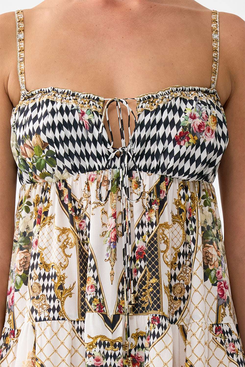 GATHERED BUST TIERED MINI DRESS ROCOCO GLOW