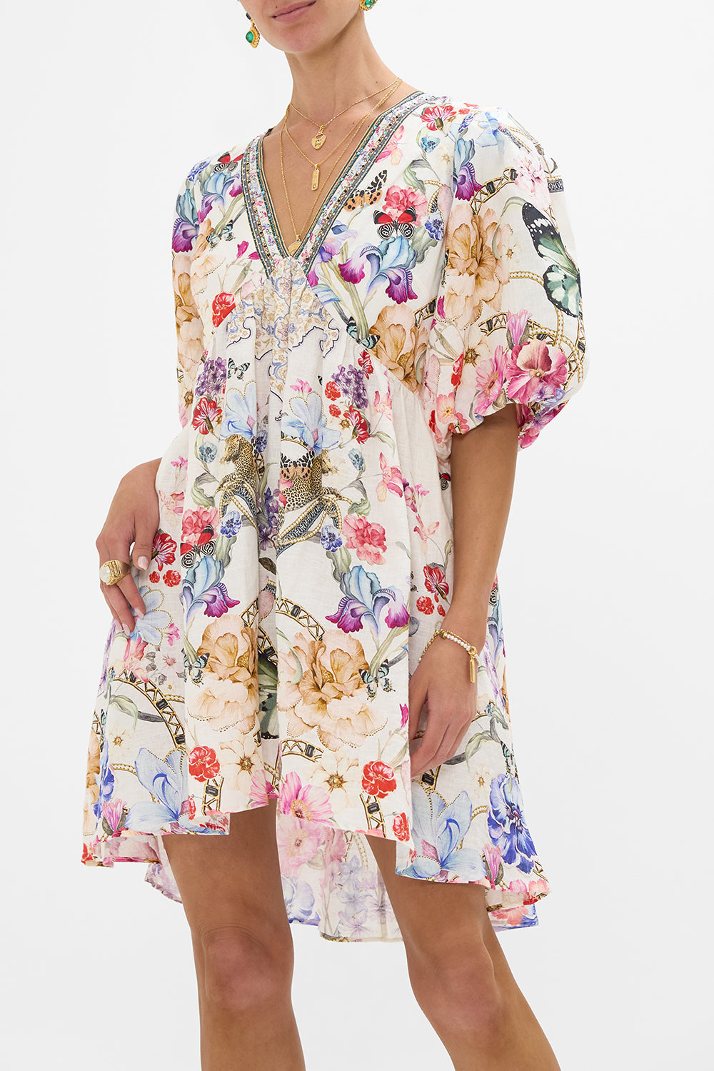 V NECK PUFF SLEEVE SHORT DRESS MONSERRATE MAGIC