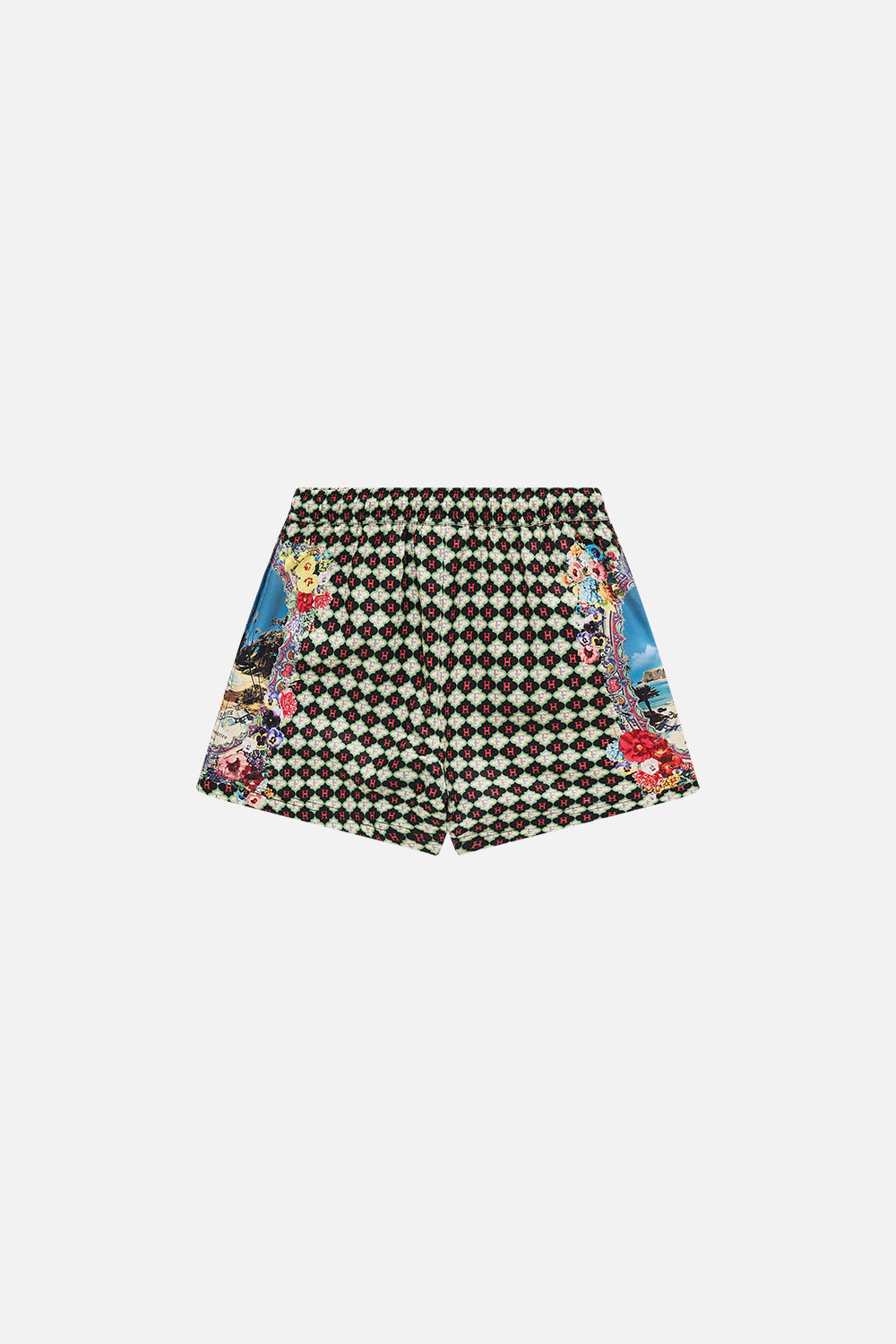 The CAMILLA Boys Mid Boardshort With Elastic Waist 4-10 in our Bathing Bombshell print.
