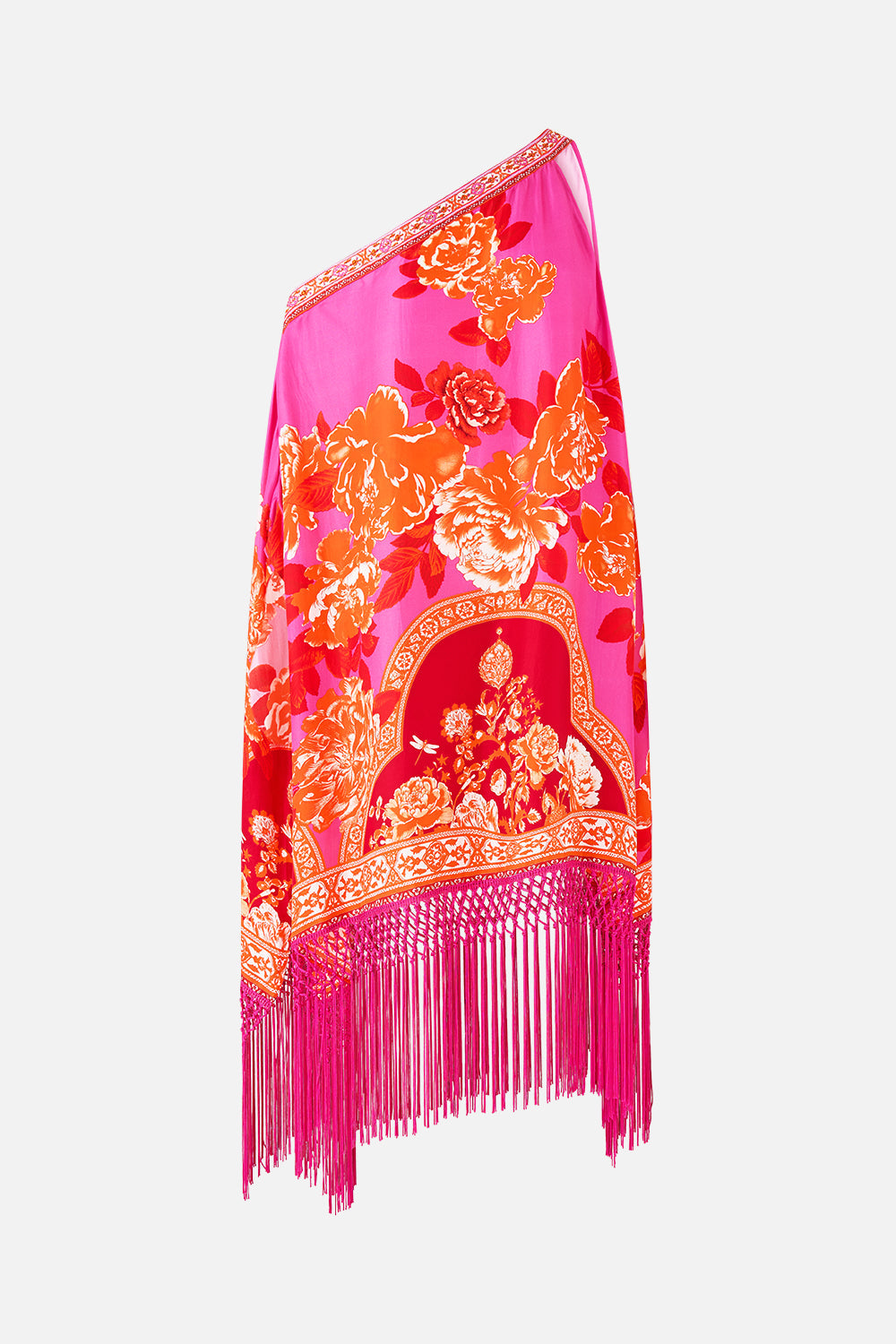 Pink scarf with floral and decorative patterns on a white background