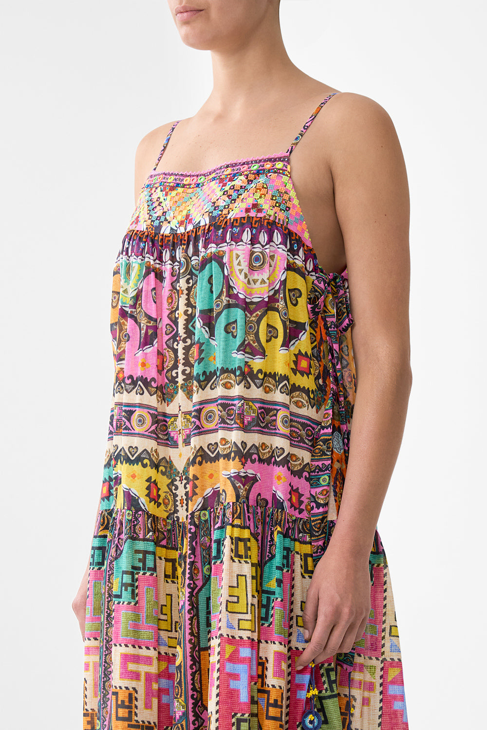 LONG TIERED DRESS WITH BOW TIES PATCHWORK PANORAMA