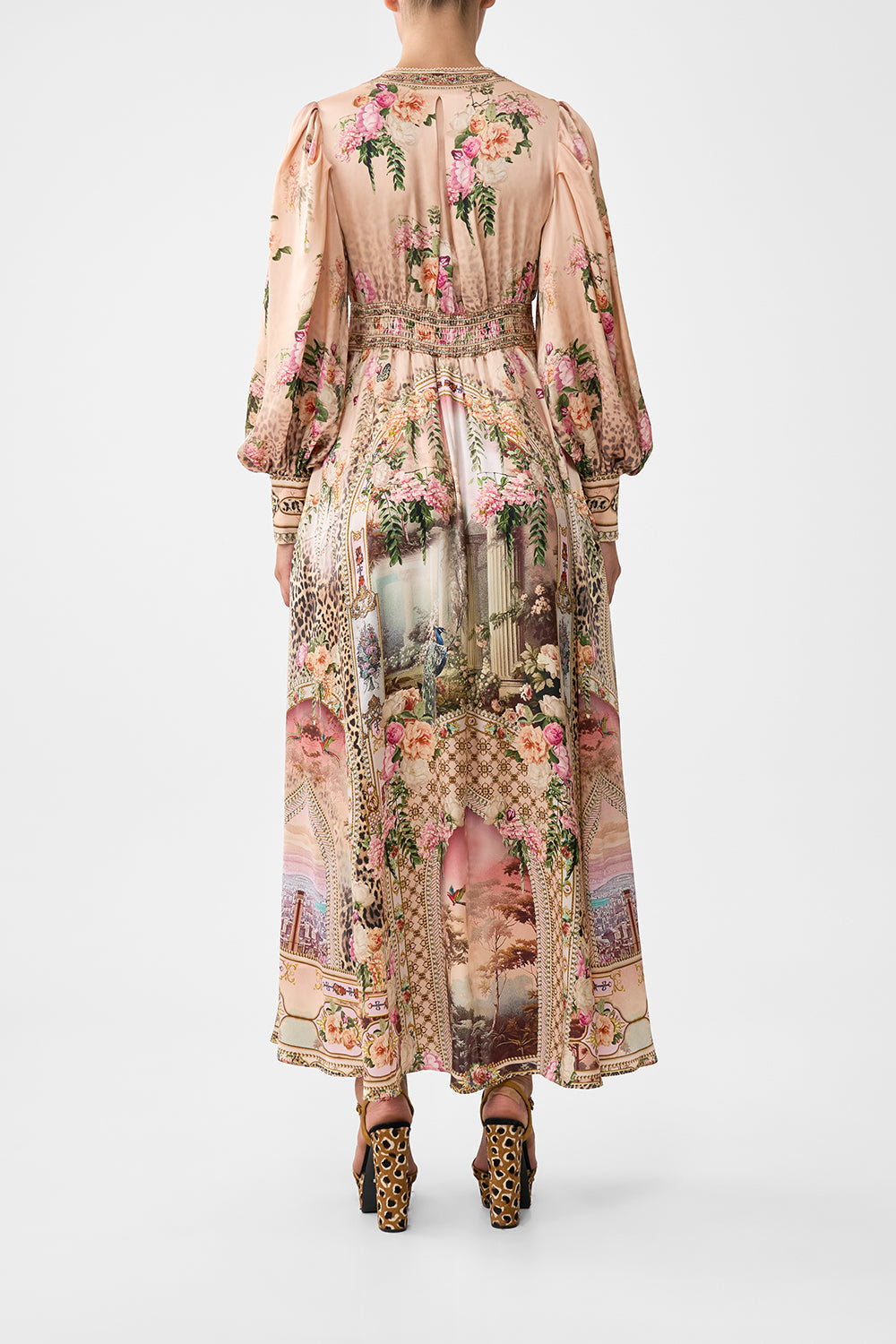 SHAPED WAISTBAND DRESS WITH GATHERED SLEEVES WATERCOLOUR WONDERLAND