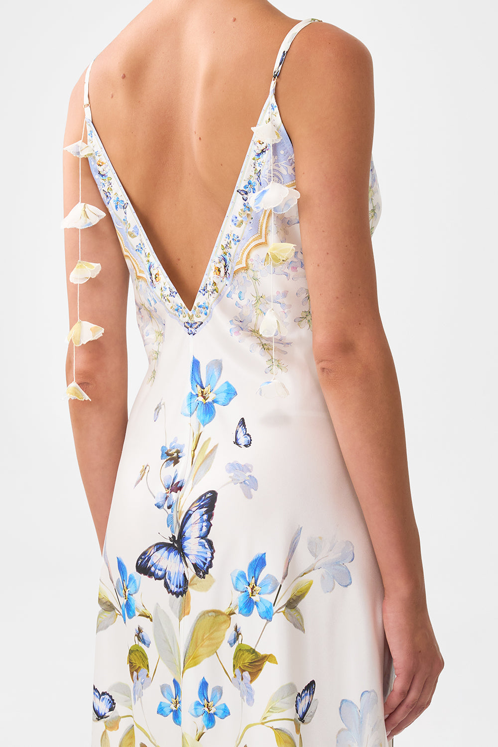 V-NECK LONG BIAS SLIP DRESS WITH TRAIN BOTANICAL BALLADS