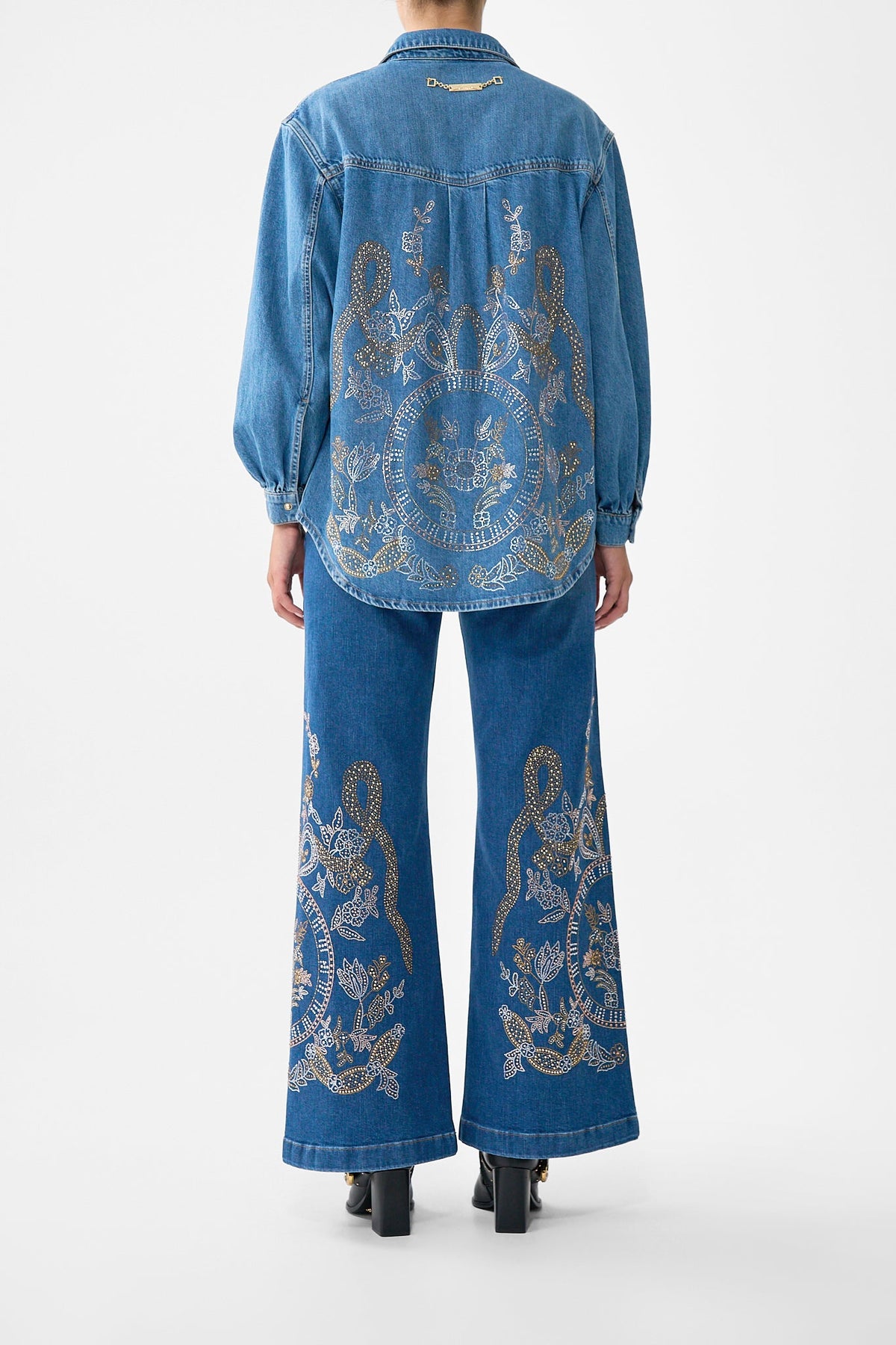 The CAMILLA Jenna Ace Of Lace High Waisted Flare in our Denim print.