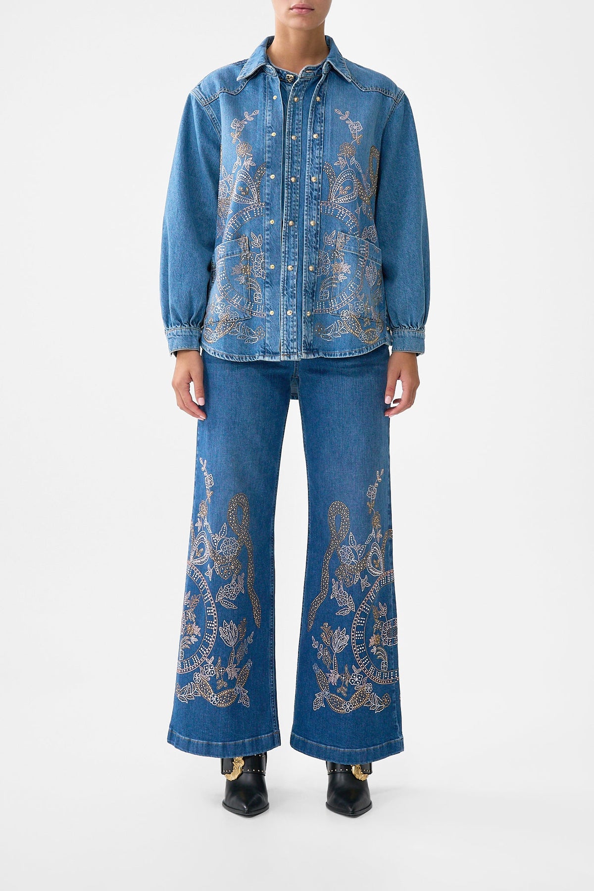 The CAMILLA Lalita Ace Of Lace Long Line Shirt in our Denim print.