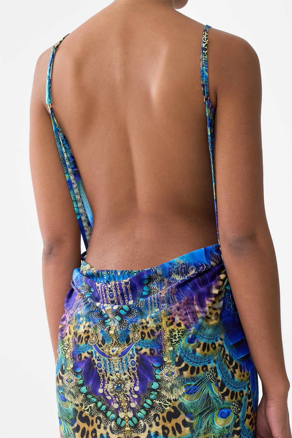 WRAP FRONT BACKLESS BEACH MIDI DRESS WITH TRIMS COSMIC ZOOLOGY