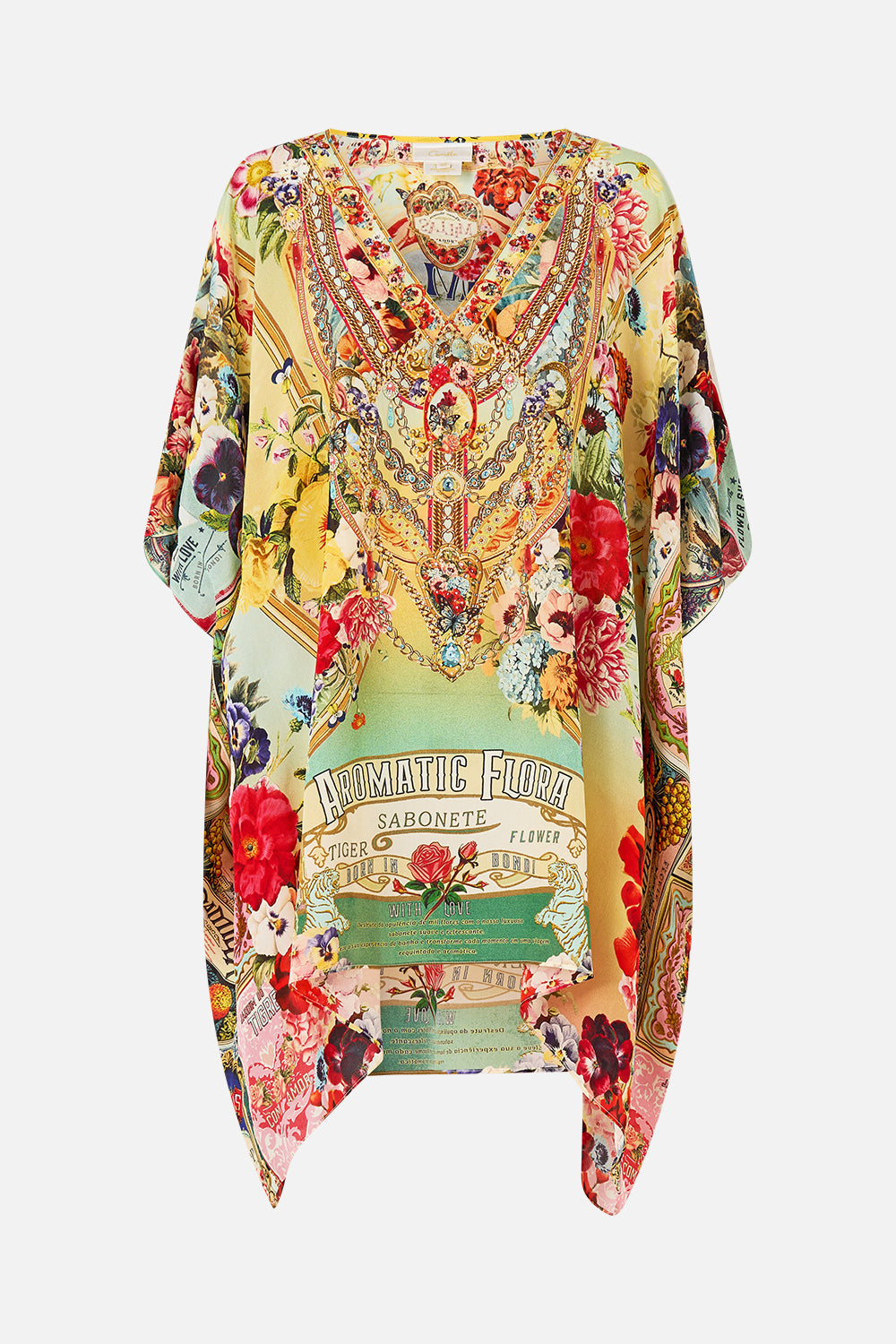 The CAMILLA Rectangular V Neck Kaftan in our Aromatic Tiger Flower print.