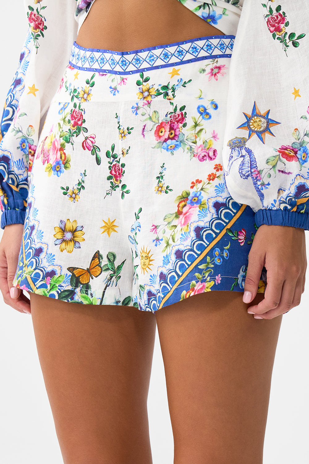 The CAMILLA Wide Waistband Short in our Tiles Darls print.