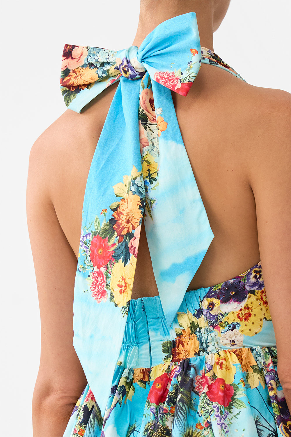 The CAMILLA Ruffle Hem Halter Short Dress in our Bathing Bombshell print.