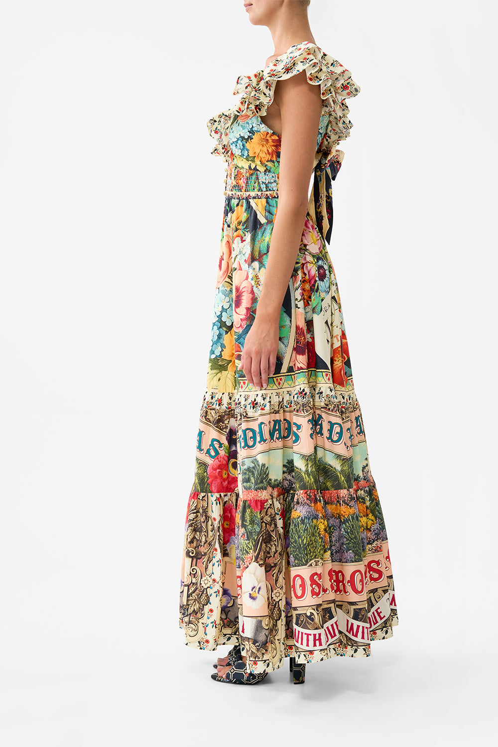 The CAMILLA Tiered Dress With Neck Frill in our Aromatic Amor print.