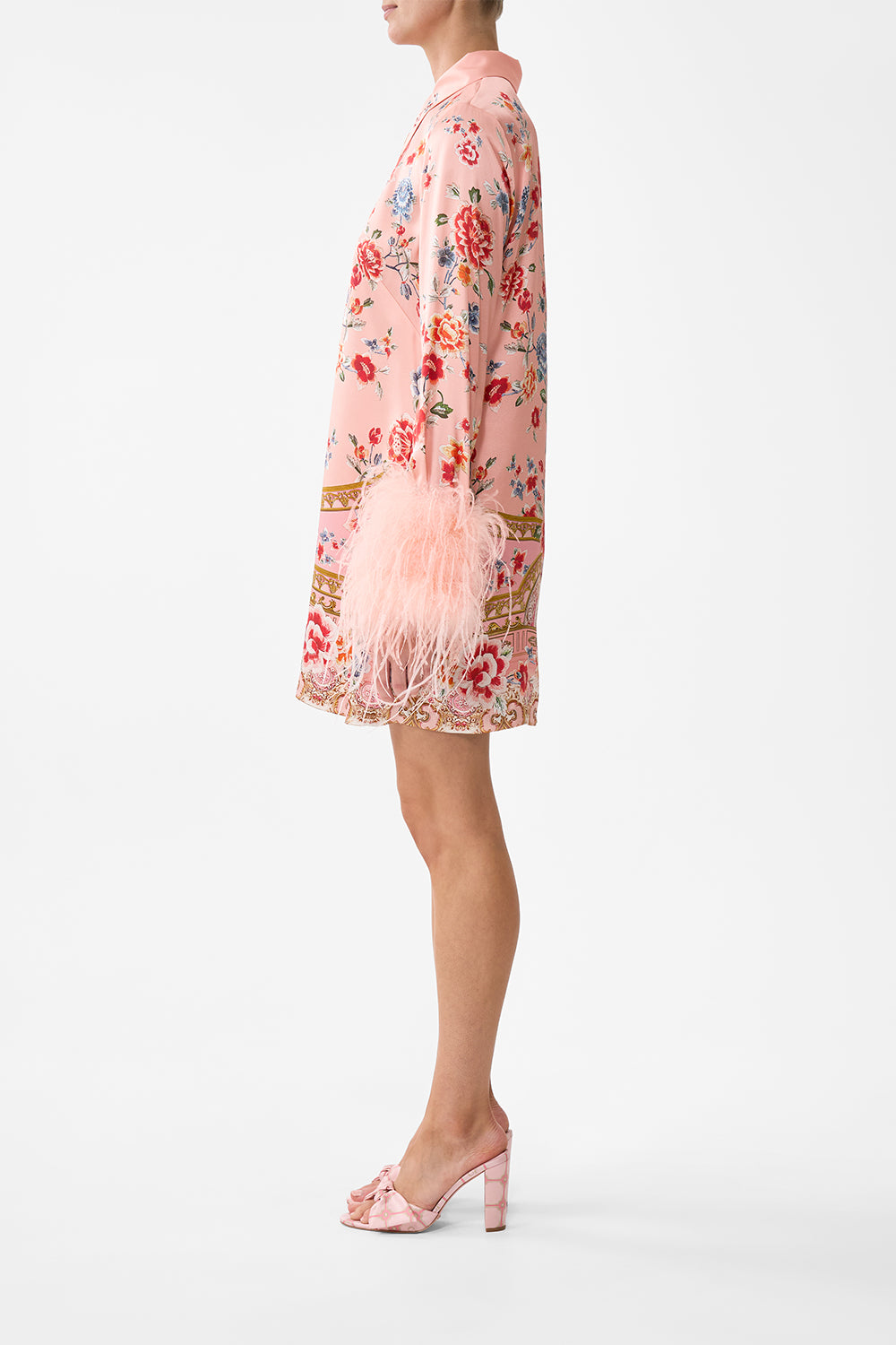 The CAMILLA Mini Shirt Dress With Feathers in our Majestic Milla print.