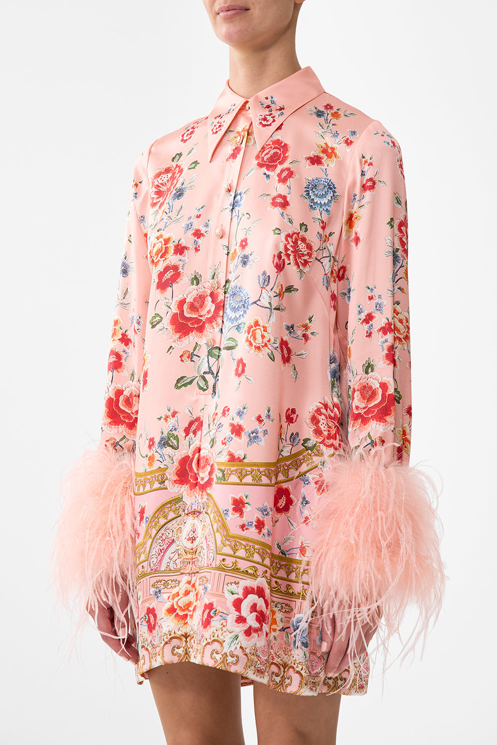 The CAMILLA Mini Shirt Dress With Feathers in our Majestic Milla print.