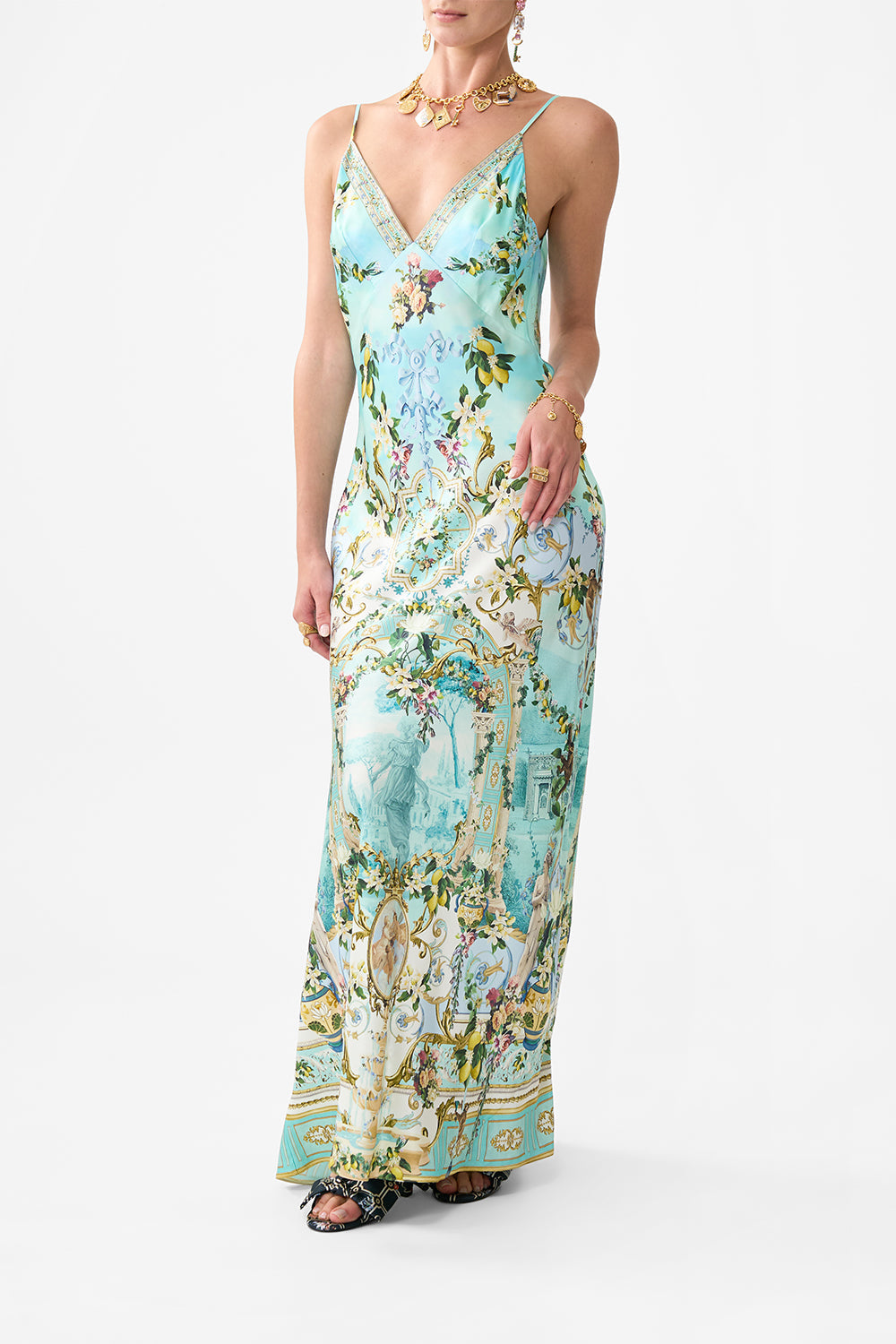 V NECK LONG BIAS SLIP DRESS WITH TRAIN VENUS ON A VESPA