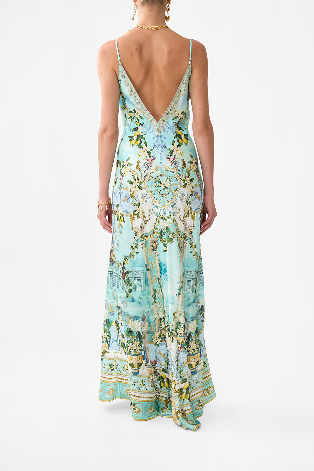 V NECK LONG BIAS SLIP DRESS WITH TRAIN VENUS ON A VESPA