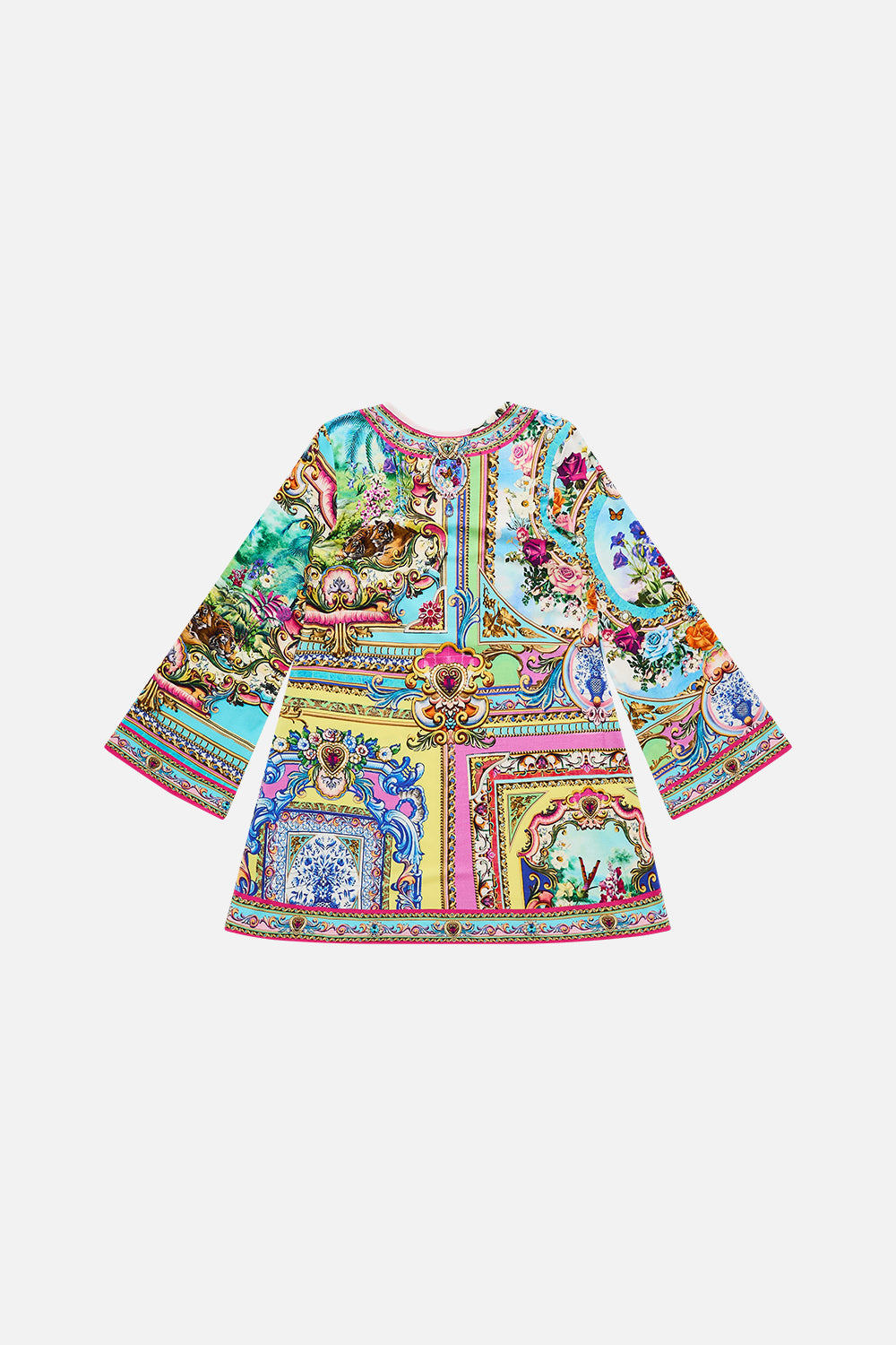 The CAMILLA Kids Flare Long Sleeve Tee Mini Dress 4-10 in our Spirit Of Santa Maria print.