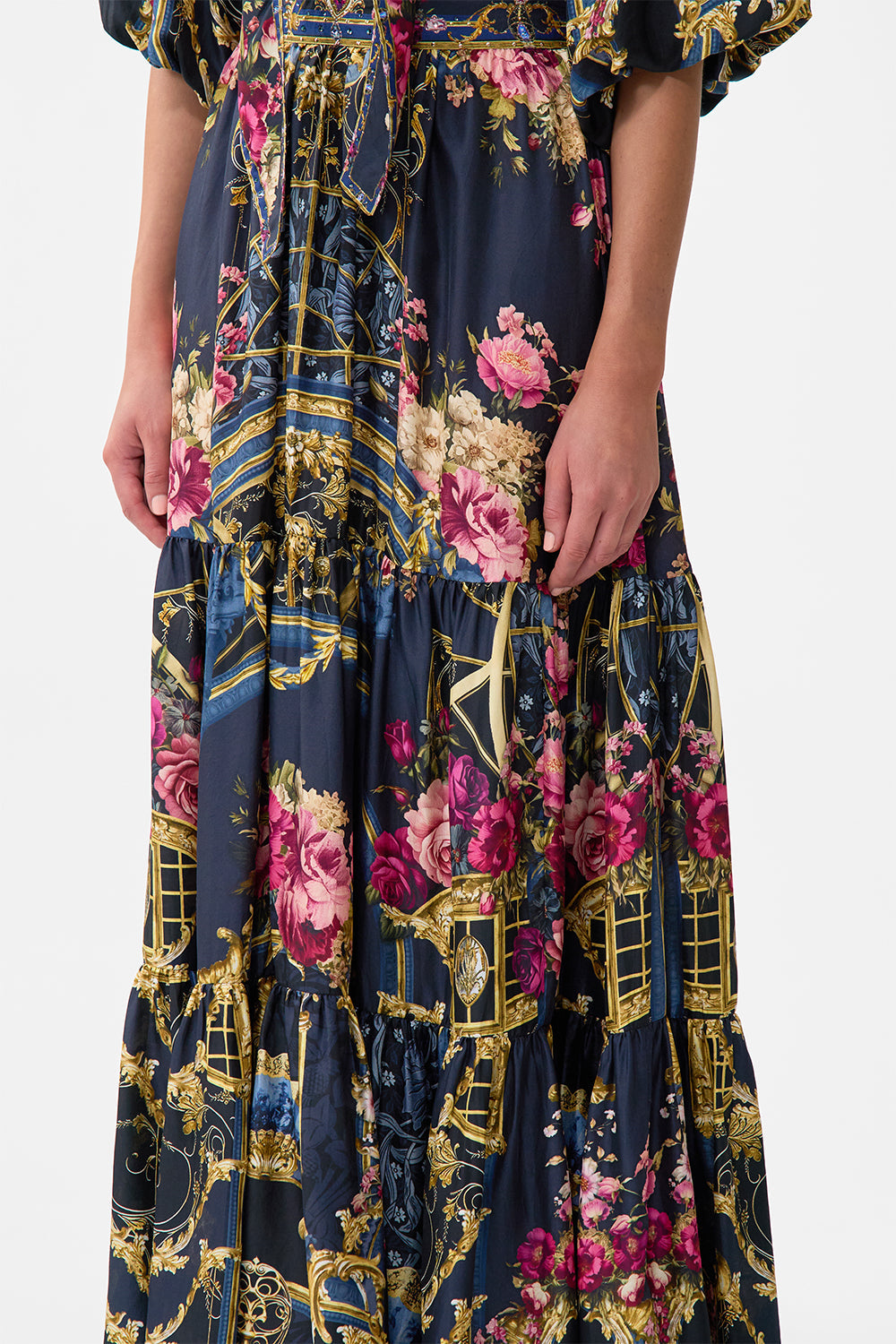 The CAMILLA High Waisted Tiered Skirt in our Ornate On A Plate print.