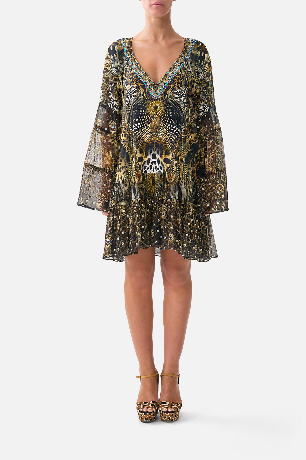 A-LINE GATHERED PANEL DRESS FELINE FOLKLORE