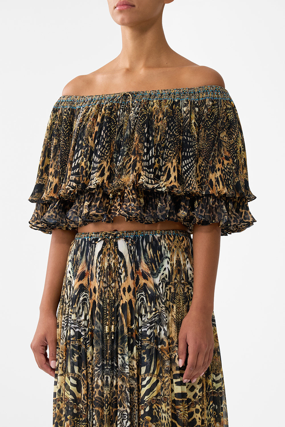 OFF SHOULDER SHORT SLEEVE PLEATED TOP FELINE FOLKLORE