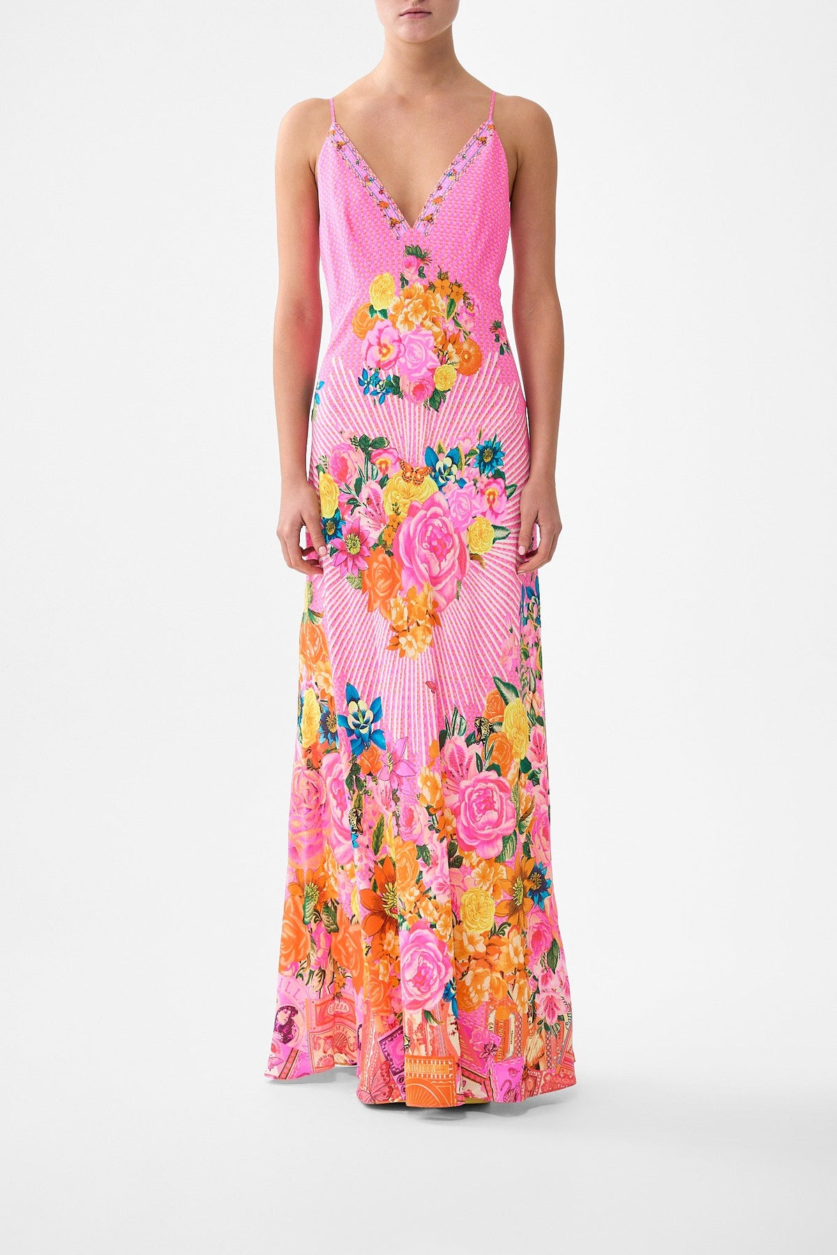 V-NECK FULL LENGTH BIAS SLIP DRESS ILLUSTRATION NATION