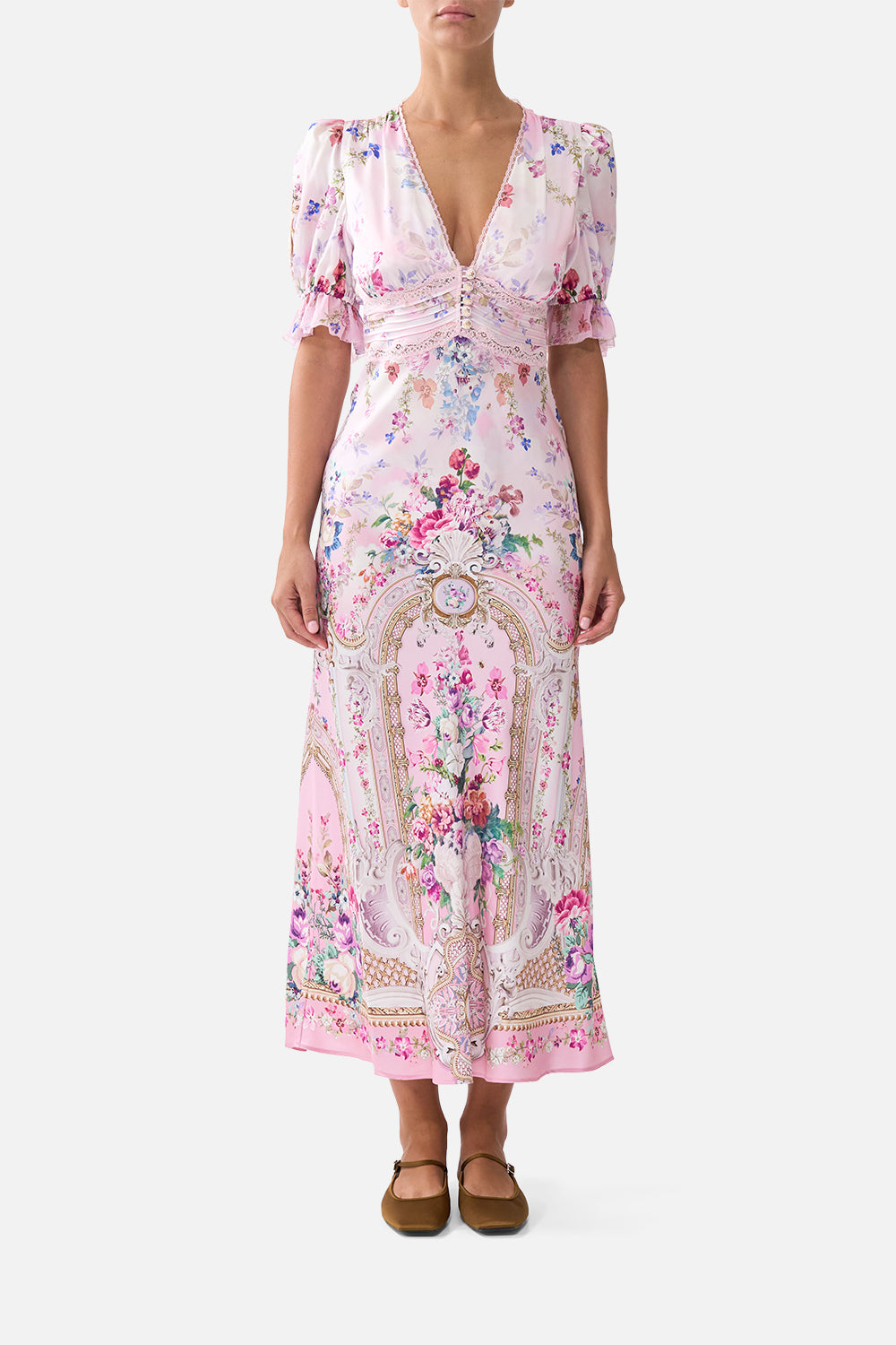 BIAS CUT MIDI DRESS WITH LACE INSERT PALATIAL PASTELS