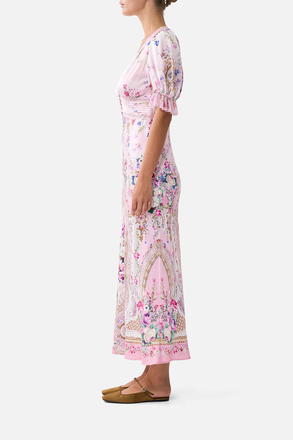 BIAS CUT MIDI DRESS WITH LACE INSERT PALATIAL PASTELS