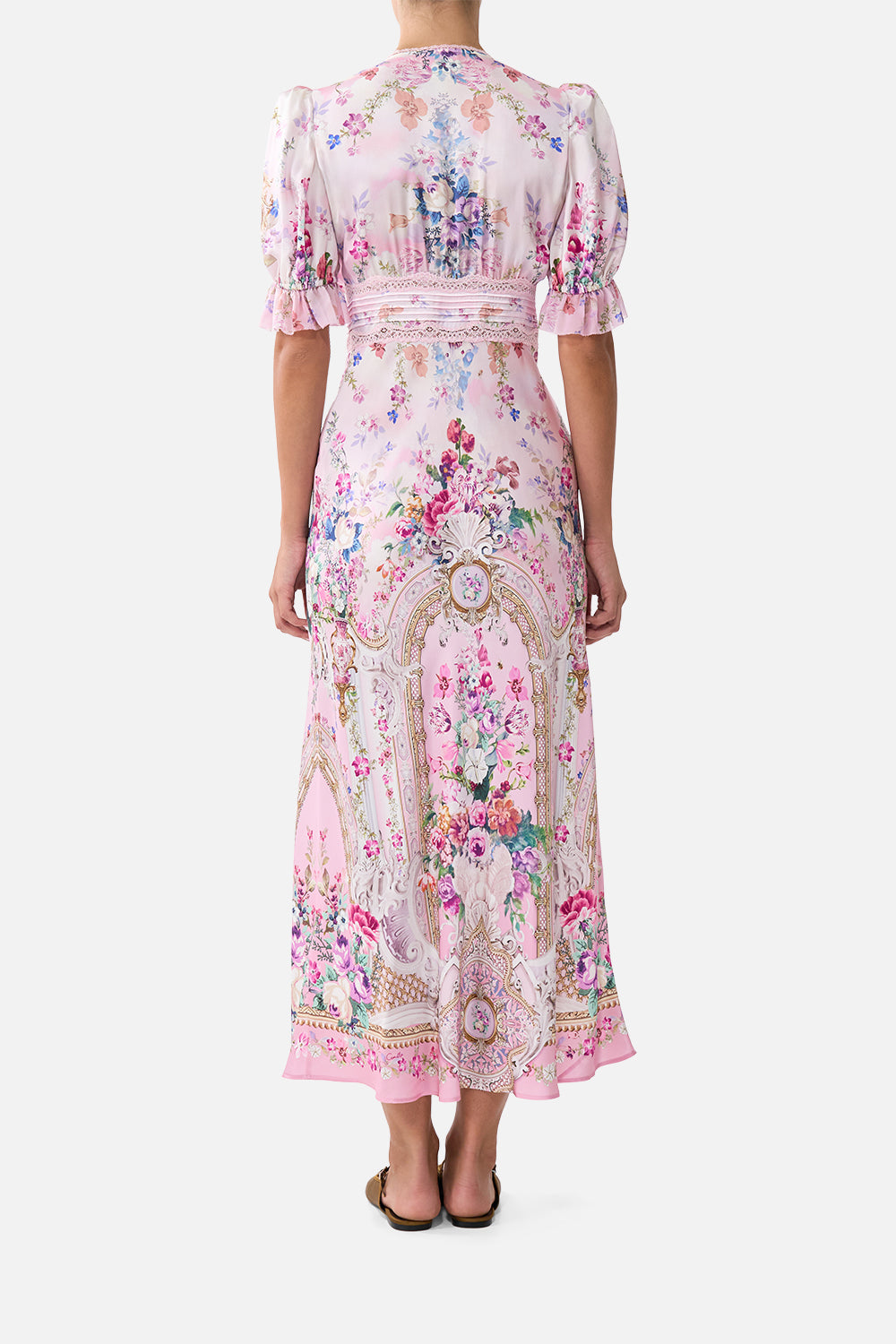 BIAS CUT MIDI DRESS WITH LACE INSERT PALATIAL PASTELS