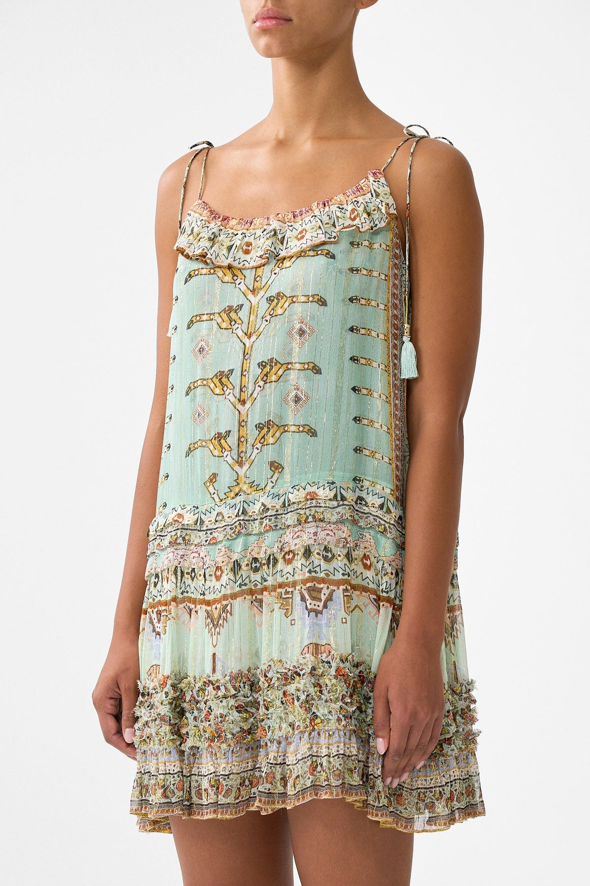 GATHERED MINI TIERED DRESS WITH FRILL DETAIL LEGEND HAS IT