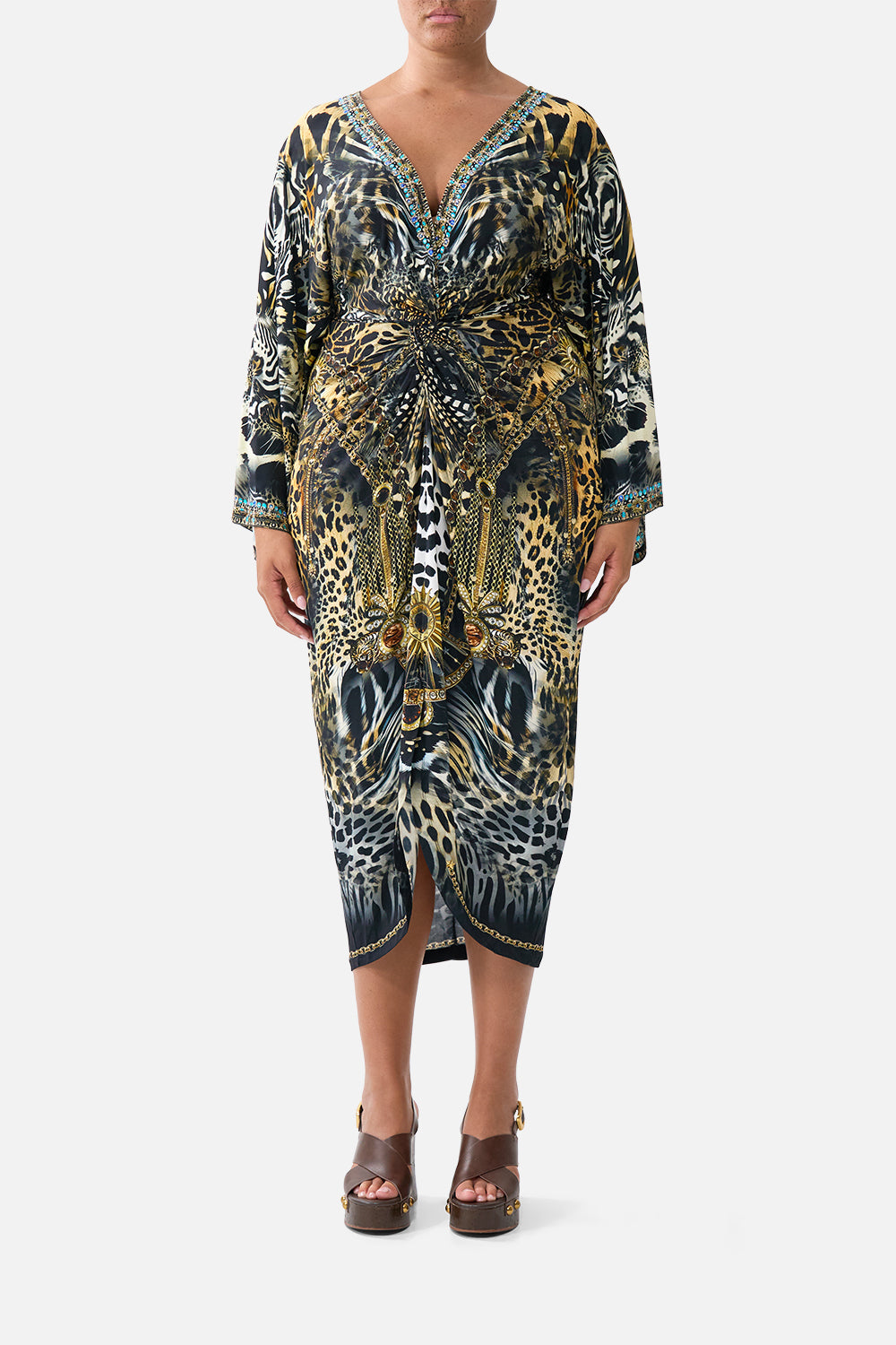 LONG SPLIT FRONT TWIST DRESS FELINE FOLKLORE