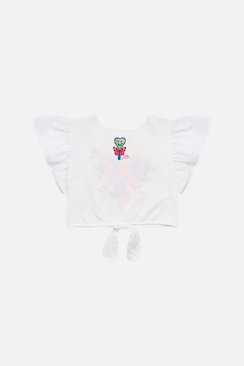 KIDS TIE FRONT CROP TEE WITH FRILL SLEEVE ILLUSTRATION NATION