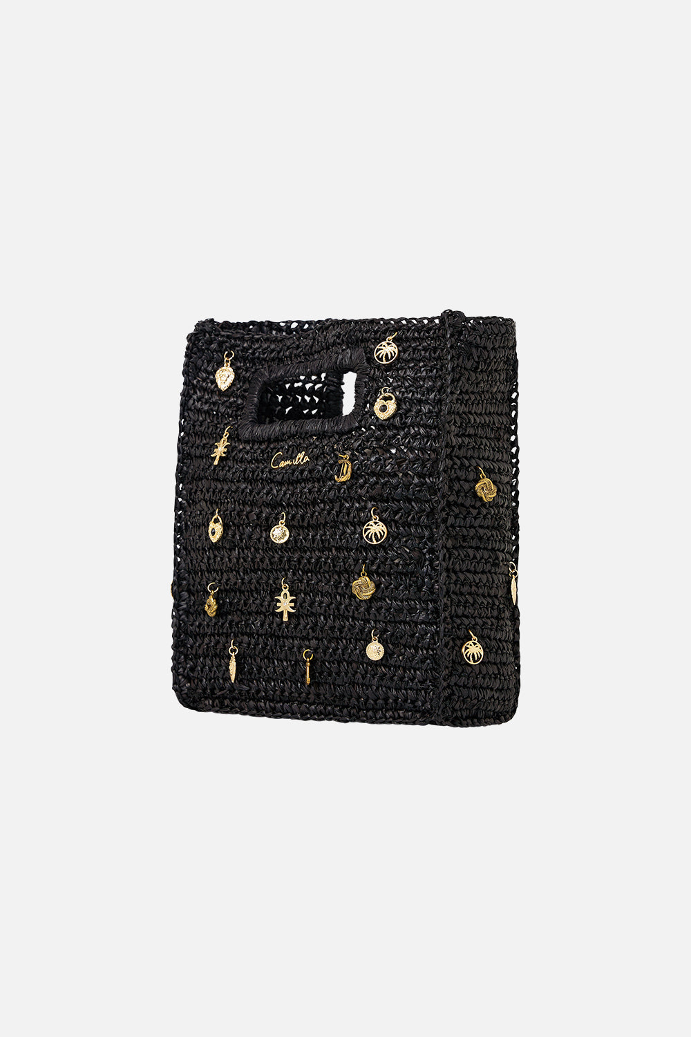 RAFFIA MINI NORTH SOUTH TOTE WITH CHARMS SOLID BLACK