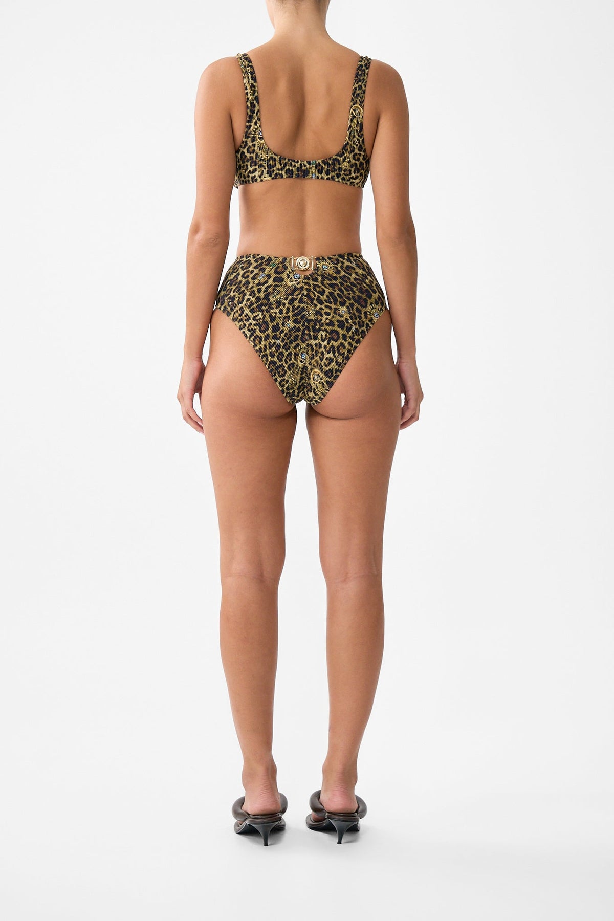 CRINKLE STRETCH HIGH WAIST BIKINI BOTTOM WITH BACK TRIM FELINE FOLKLORE