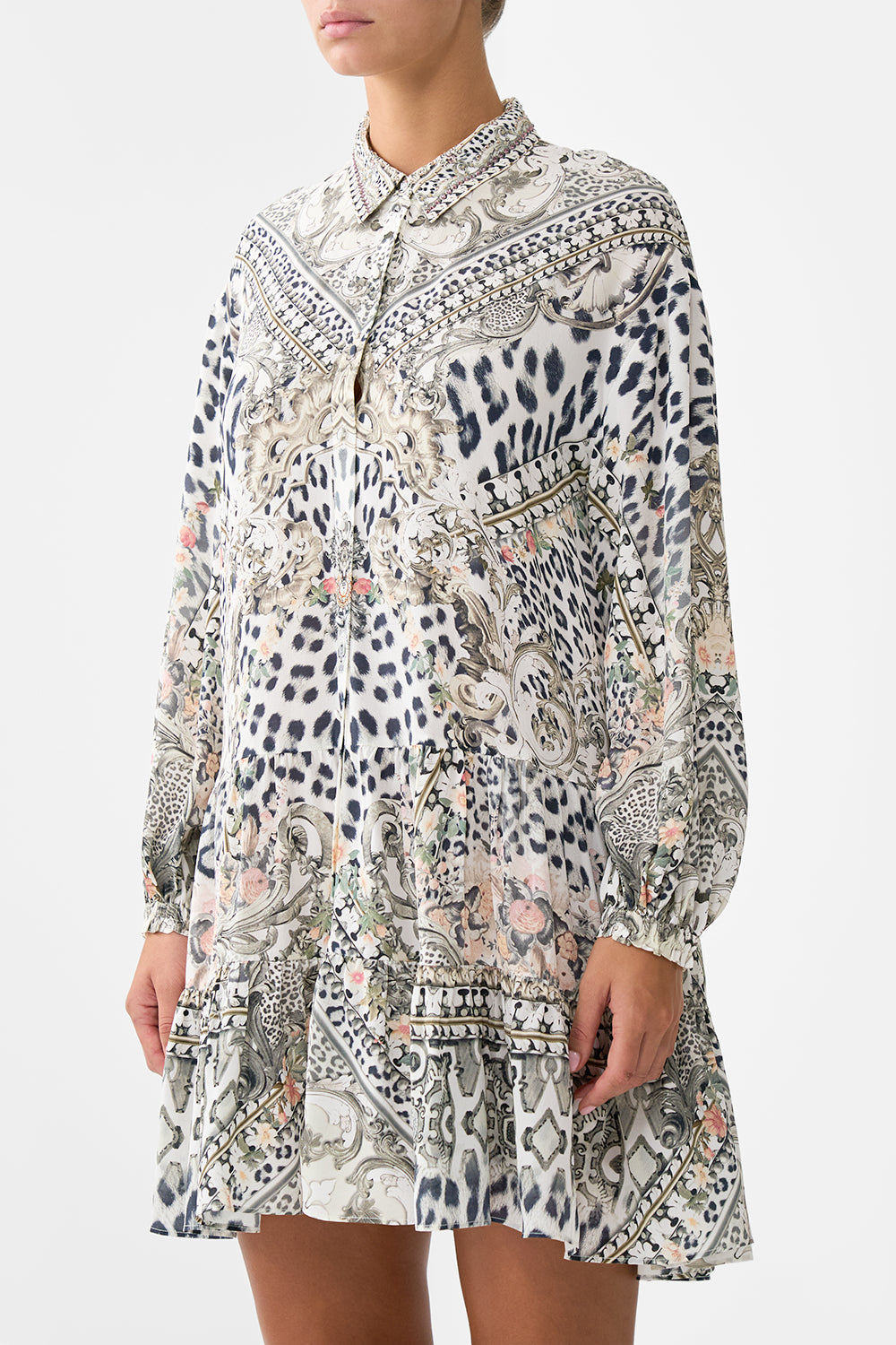 The CAMILLA Long Sleeve Tiered Short Dress in our Marble Heaven print.