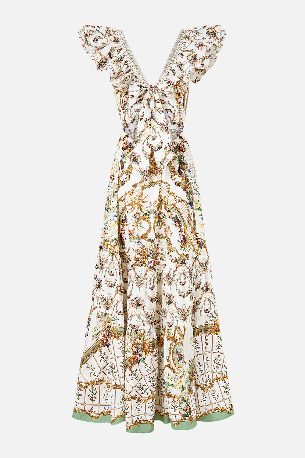 The CAMILLA Tiered Dress With Neck Frill in our Dressing Room Drama print.