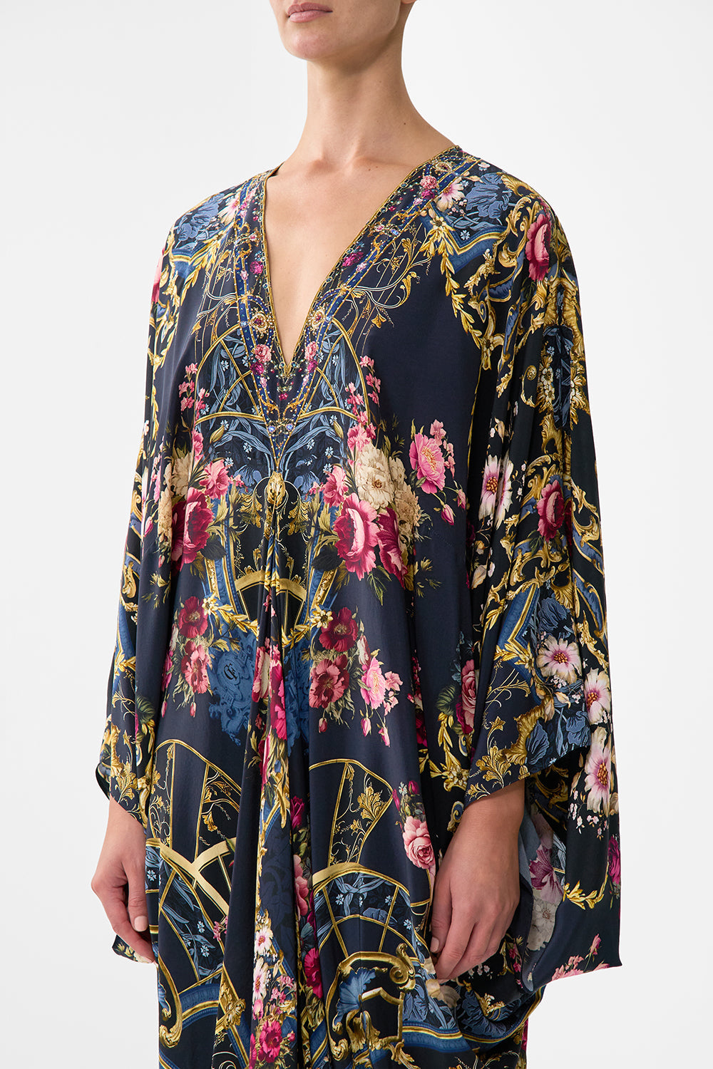 The CAMILLA T Shape Long Kaftan in our Ornate On A Plate print.