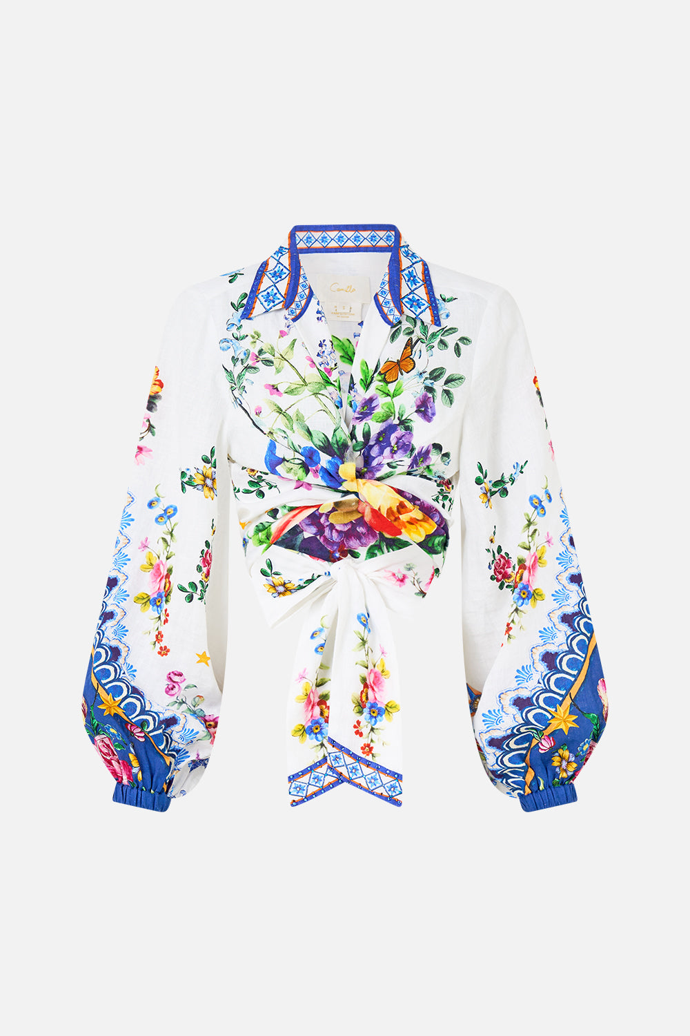 The CAMILLA Cropped Wrap Shirt in our Tiles Darls print.