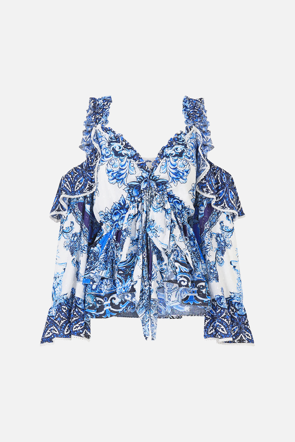 Blue and white patterned top on a white background