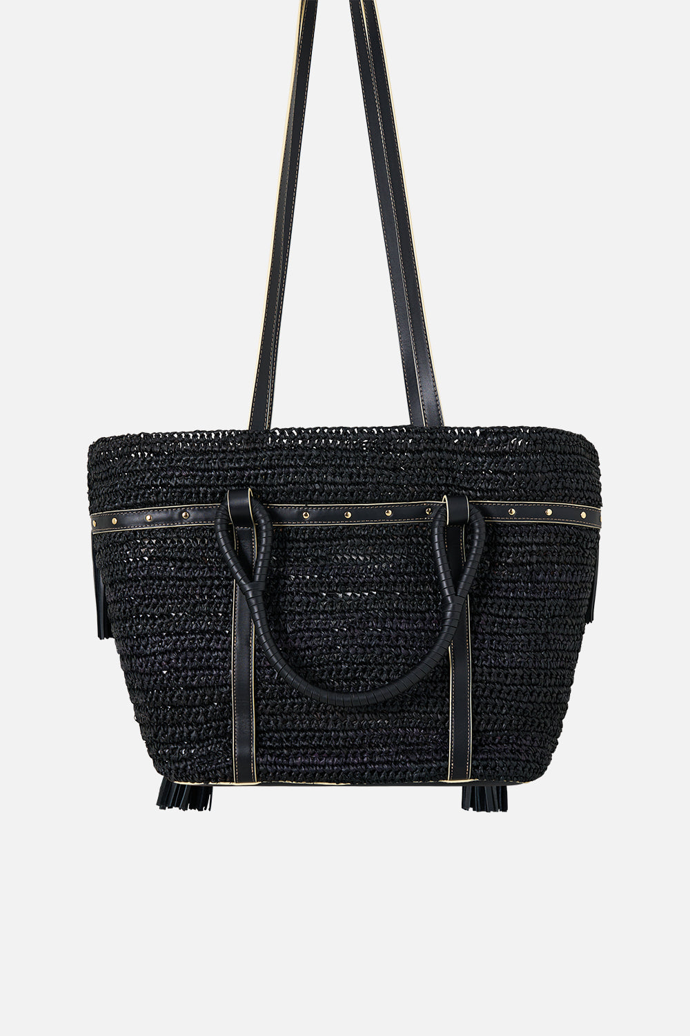 RAFFIA TOTE WITH TASSELS SOLID BLACK