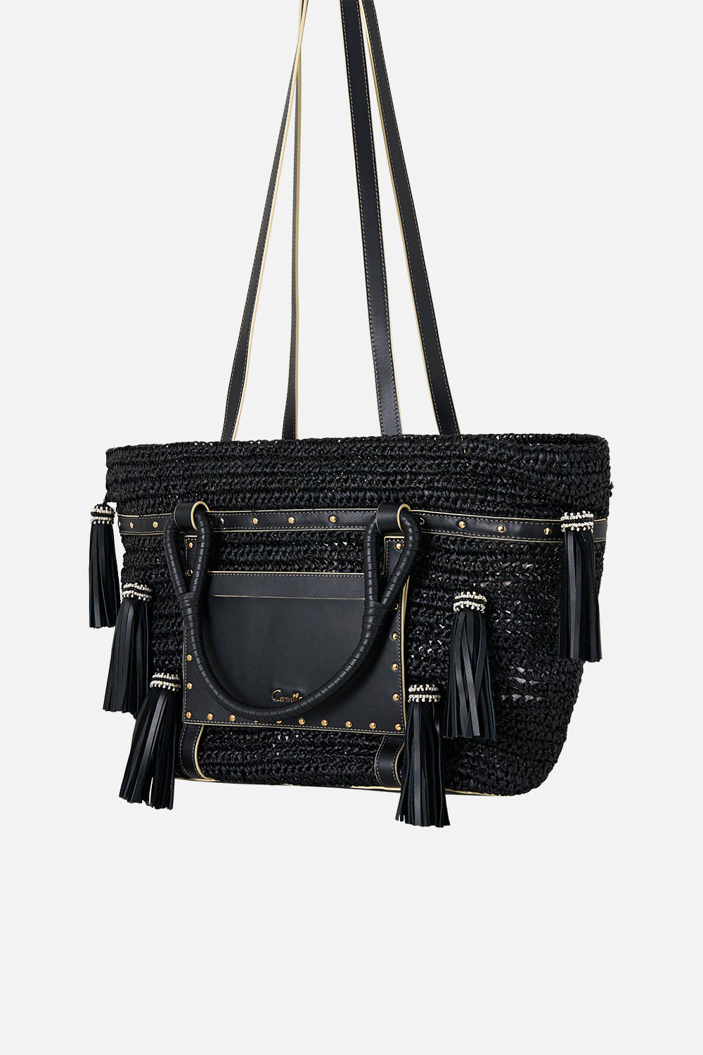 RAFFIA TOTE WITH TASSELS SOLID BLACK