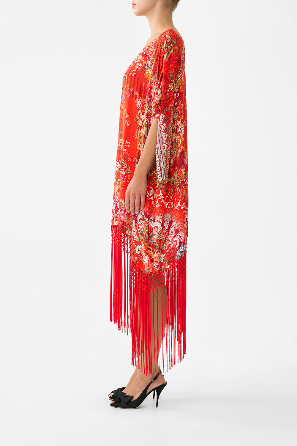 SHORT ROUND NECK KAFTAN WITH FRINGING OLÉ OLÉ