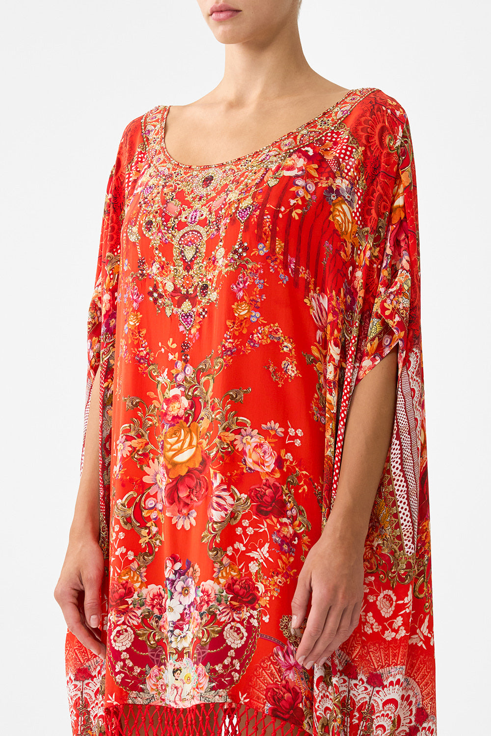 SHORT ROUND NECK KAFTAN WITH FRINGING OLÉ OLÉ