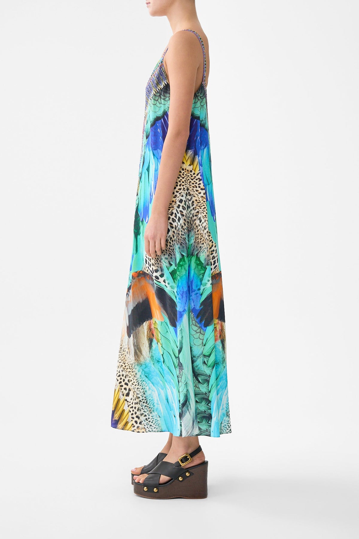V NECK MIDI SLIP DRESS JUNGLE FLIGHT