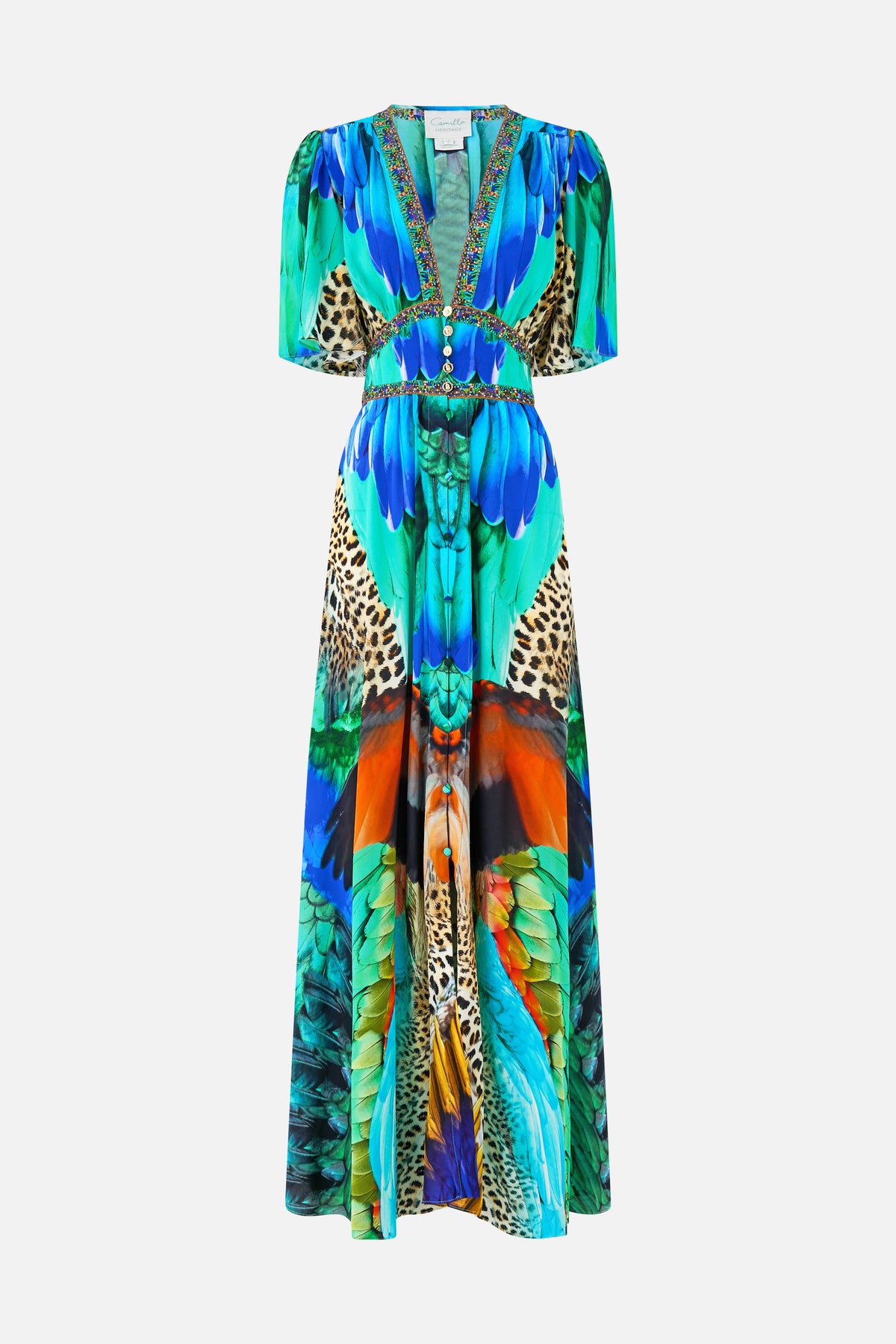 SHAPED WAISTBAND DRESS WITH FLUTTER SLEEVES JUNGLE FLIGHT