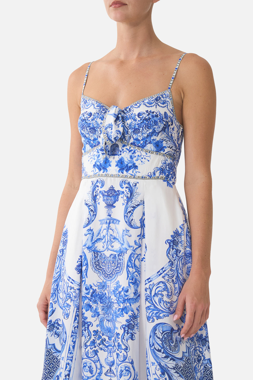 RUFFLE HEM TIE FRONT MIDI DRESS CERAMIC PANORAMIC